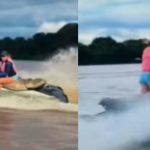 Na imagem aparece a advogada realizando manobras de jetski antes de cair e desparecer na água na Prainha, na Ilha do Combu, em Belém.