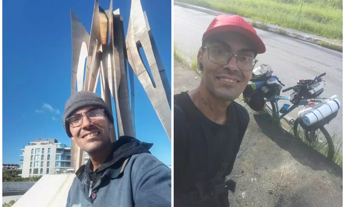 Colagem com duas fotos do ajudante de pedreiro que decidiu viajar de bicicleta de São Paulo até o sul da Argentina.