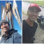 Colagem com duas fotos do ajudante de pedreiro que decidiu viajar de bicicleta de São Paulo até o sul da Argentina.