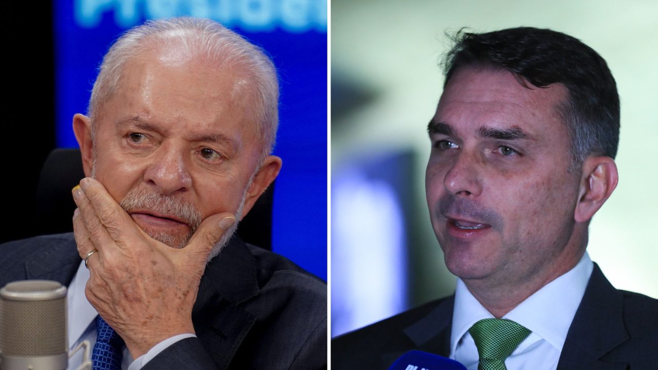 Pesquisa Datafolha mostra Lula à frente de Flávio Bolsonaro na disputa presidencial após divulgação do caso envolvendo Daniel Vorcaro. A imagem mostra Lula e Flavio Bolsonaro.