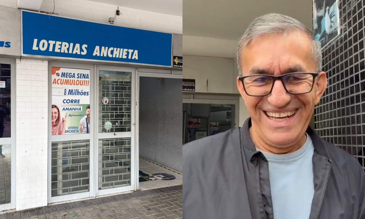 Foto da fachada da casa lotérica ao lado da foto do morador que foi até o local para apostar após premio histórico de Mega-Sena