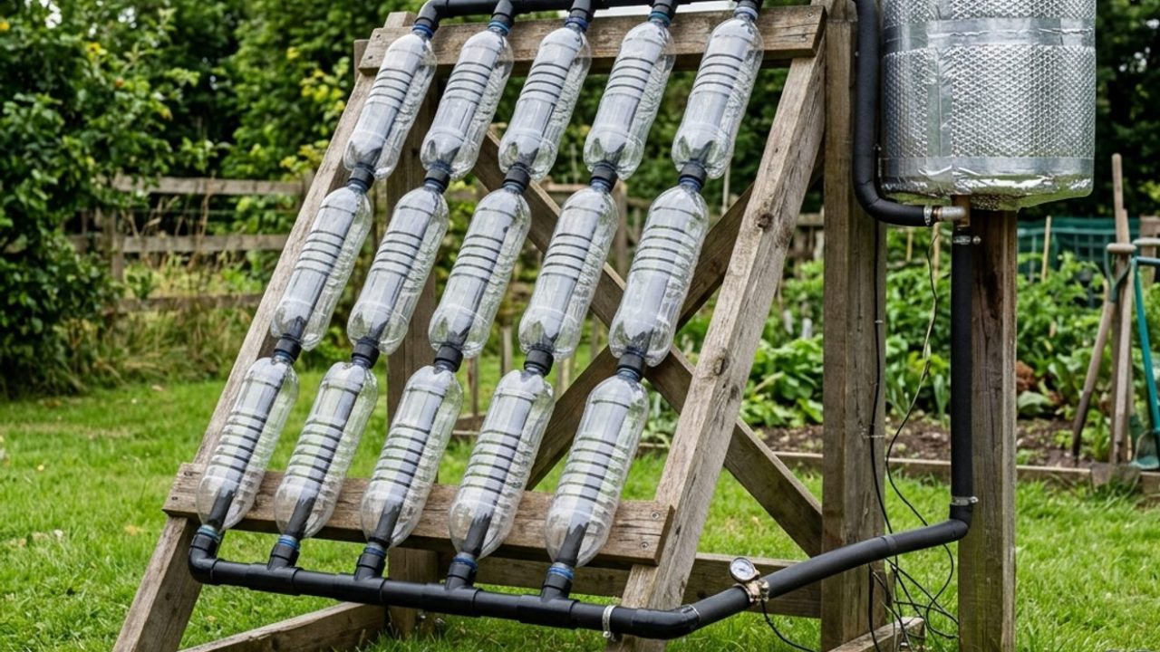 Esquema ilustrativo de um aquecedor solar de garrafa PET instalado em um telhado residencial