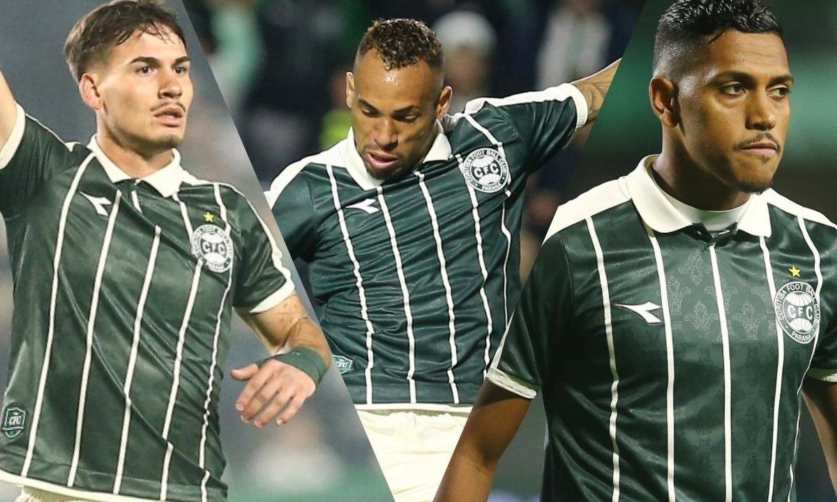 Montagem com os atacantes Joaquín Lavega, Breno e Pedro Rocha vestindo a camisa do Coritiba. Os três aparecem em destaque como protagonistas do ataque alviverde na temporada.