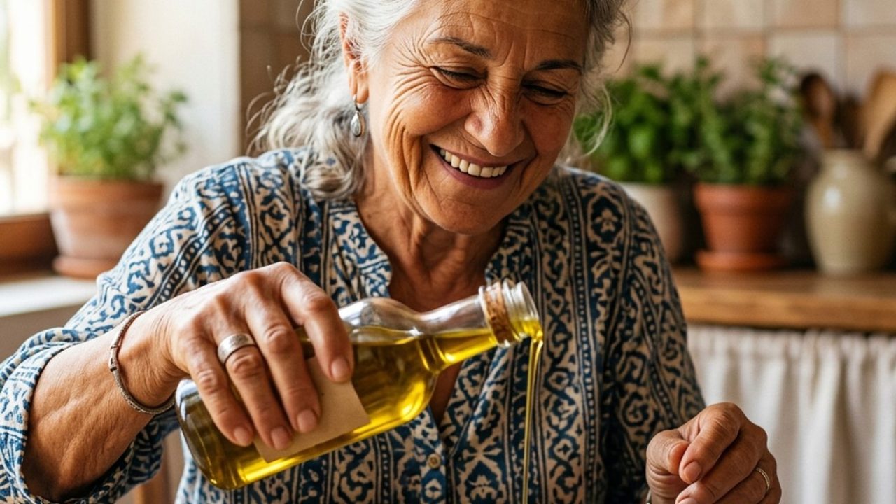 mulher idosa sorridente regando salada com azeite de oliva em cozinha iluminada
