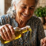 mulher idosa sorridente regando salada com azeite de oliva em cozinha iluminada