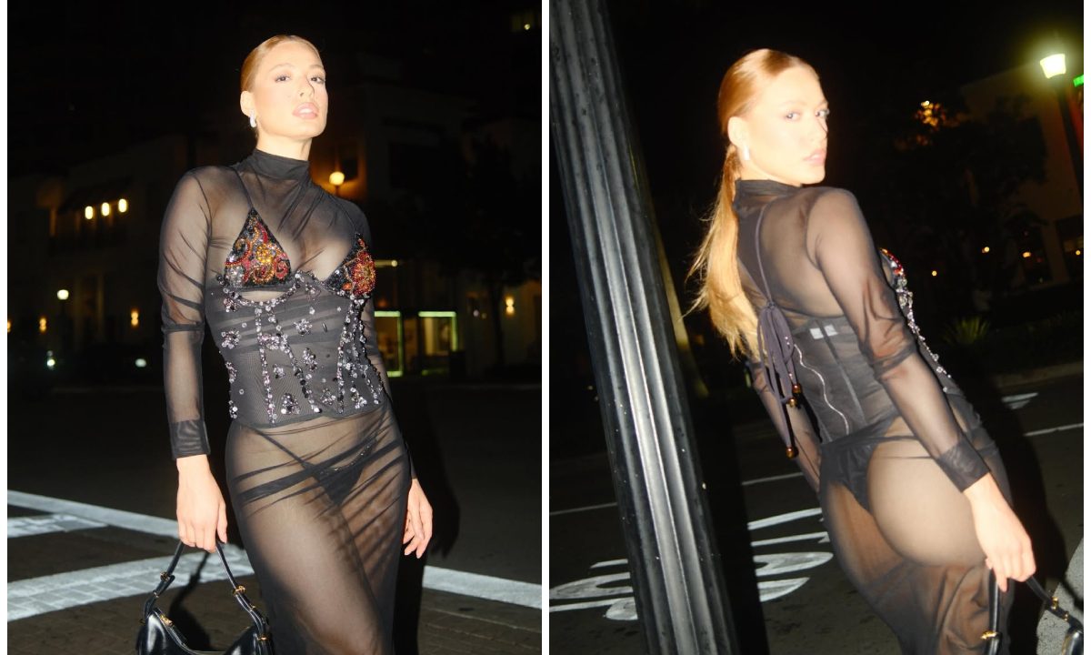 Colagem de fotos com a influenciadora Bia do Brás e seu vestido transparente.