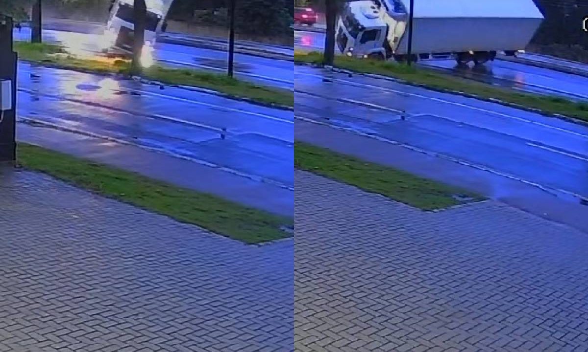 Foto mostra momento que caminhão tomba na rodovia do xisto