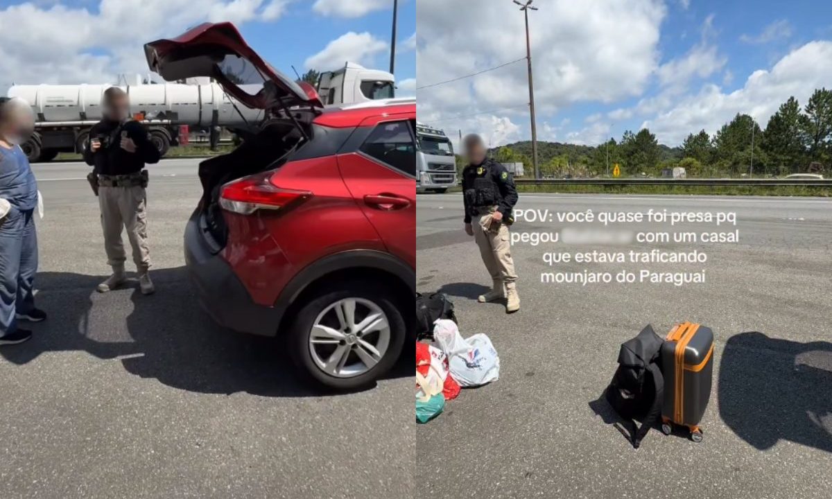 Policiais rodoviários federais abordam carro vermelho em rodovia após flagrante de canetas emagrecedoras contrabandeadas durante viagem de carona por aplicativo.