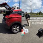 Policiais rodoviários federais abordam carro vermelho em rodovia após flagrante de canetas emagrecedoras contrabandeadas durante viagem de carona por aplicativo.