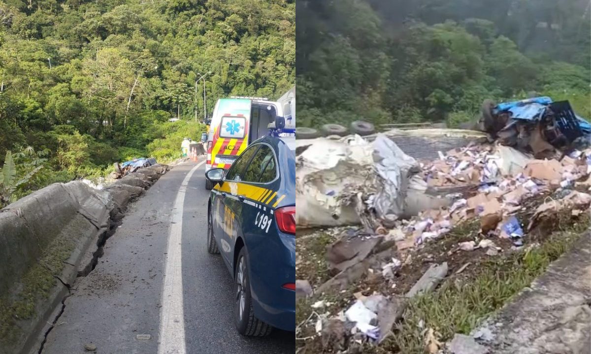 colagem de fotos da carreta que tombou na BR-376 e matou casal