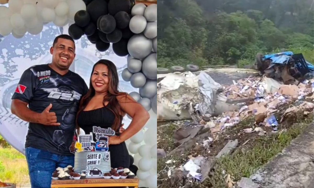 colagem de fotos do casal que morreu após carreta tombar em Guaratuba