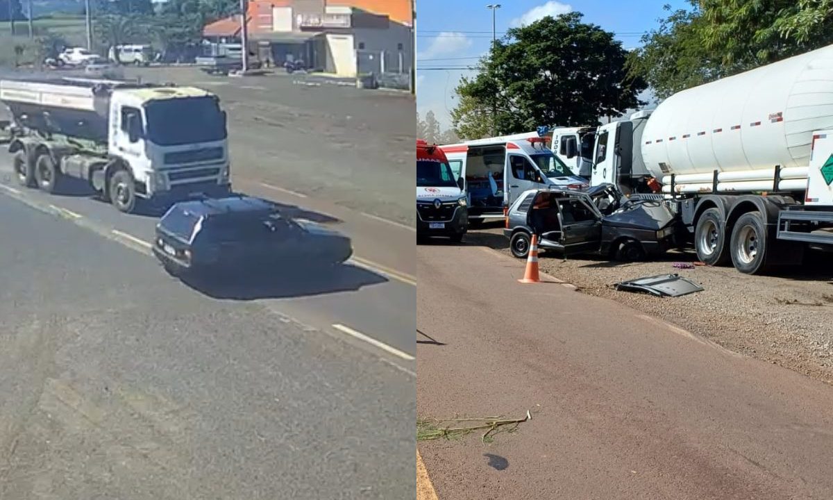 colagem de fotos do momento em que o carro do casal de idosos se envolve em acidente na BR-369