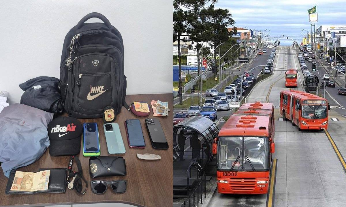 Foto mostra celulares roubados por homem em ônibus de Curitiba