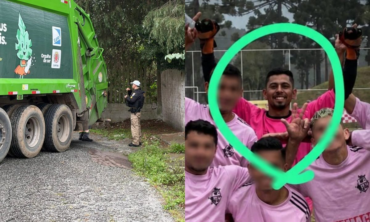 Colagem de duas fotos mostra coletor de lixo que morreu prensado por caminhão e o veículo ao lado em Curitiba