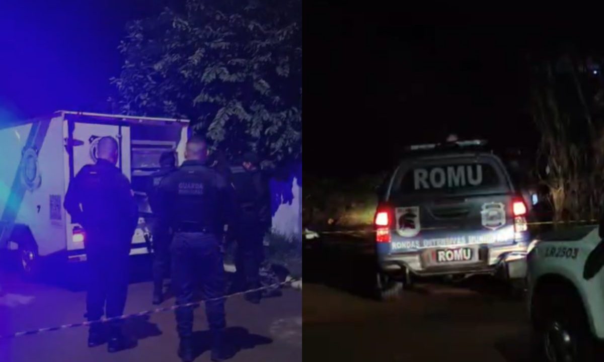 Foto montagem mostra policias e viatura em confronto que deixou homem morto em Fazenda Rio Grande. Primeira foto mostra agentes da GM olhando o caminhão do IML. Segunda foto aparece a viatura da Romu.