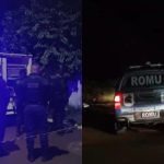Foto montagem mostra policias e viatura em confronto que deixou homem morto em Fazenda Rio Grande. Primeira foto mostra agentes da GM olhando o caminhão do IML. Segunda foto aparece a viatura da Romu.