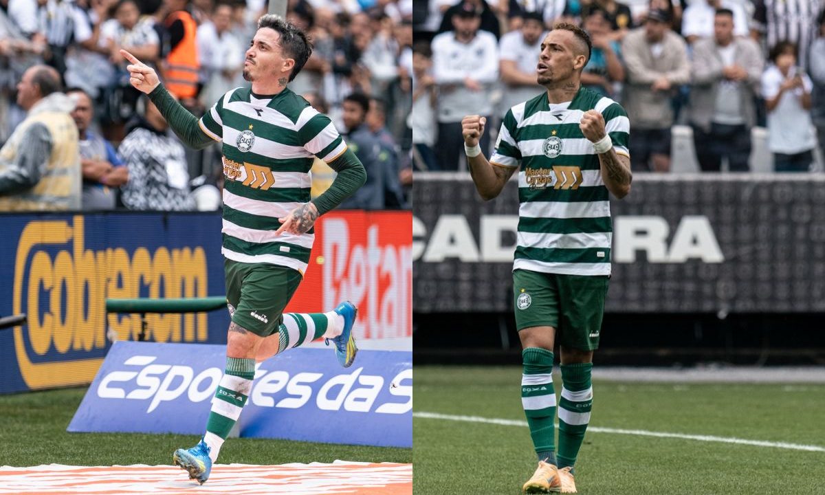 Montagem com Breno Lopes e Josué vestindo a camisa do Coritiba durante partidas. Breno aparece comemorando em campo, enquanto Josué celebra em outro registro. Os dois são protagonistas do setor ofensivo alviverde no Brasileirão