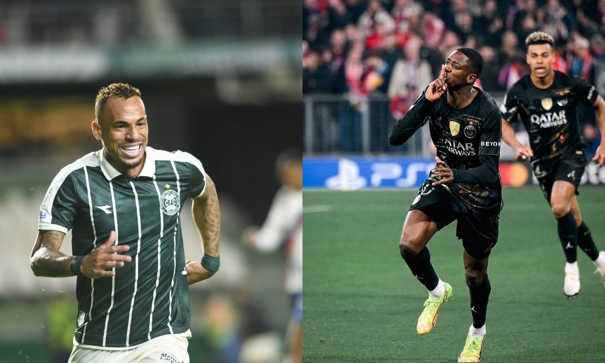Montagem mostra Breno Lopes do Coritiba e Dembélé, do PSG, comemorando gol