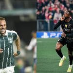 Montagem mostra Breno Lopes do Coritiba e Dembélé, do PSG, comemorando gol