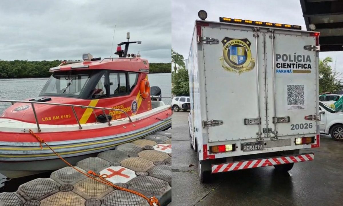 Corpo é retirado por equipes de resgate em trapiche de Guaraqueçaba após ser encontrado em praia da Ilha das Peças.