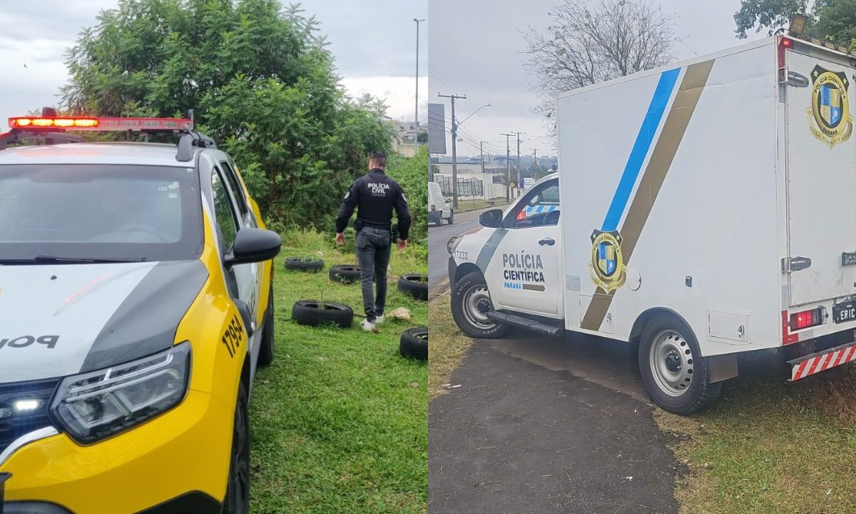 Foto montagem para matéria de que corpos foram encontrados em Curitiba. Primeira foto mostra uma viatura da PM, ela é amarela e cinza. Ao lado, aparece um policial civil com roupa toda preta. Local com gramado e árvores, ao lado de um rio. Segundo foto mostra o caminhão do IML no segundo caso.