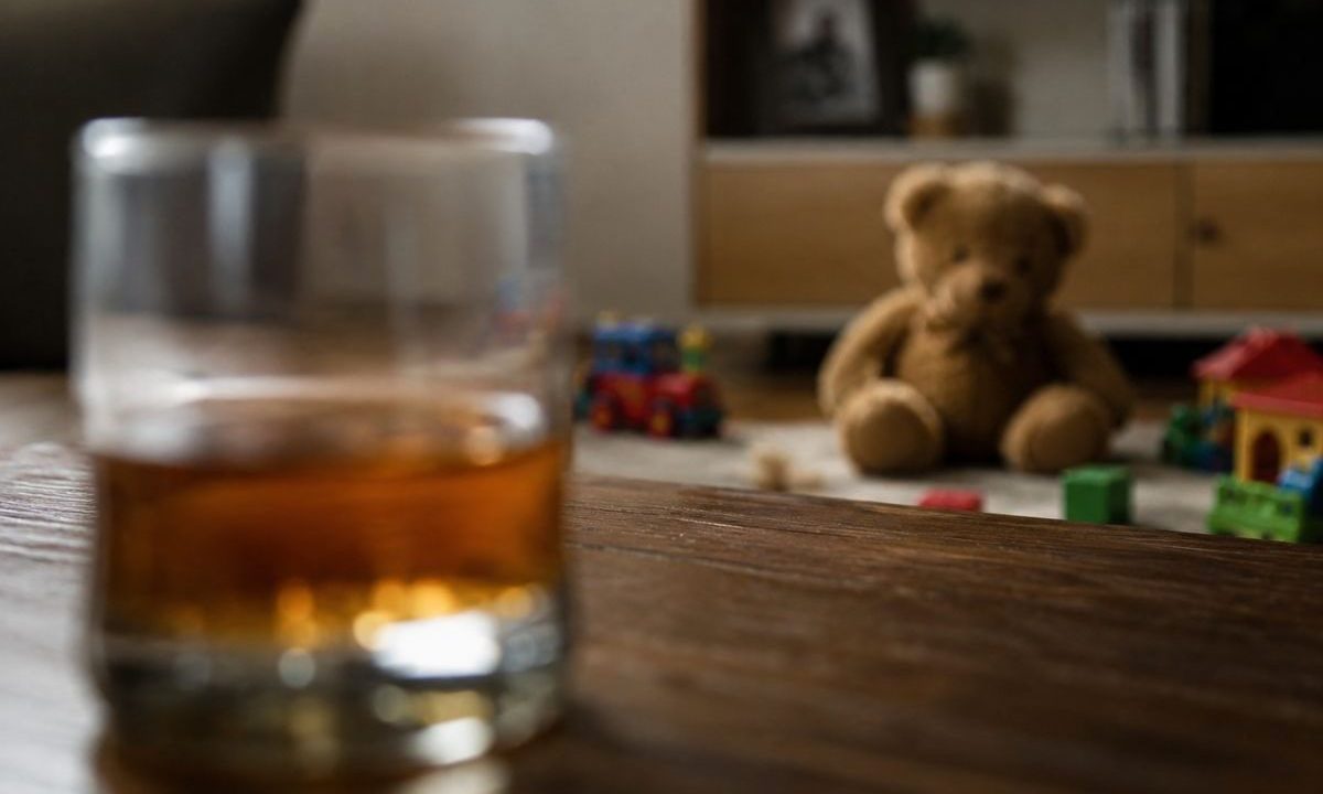 Na imagem aparece um copo com uma bebida alcoólica em desfoque e ao fundo um urso de pelúcia, em alusão a criança, que ingeriu álcool e precisou ser encaminhada à UPA após ficar totalmente embriagada