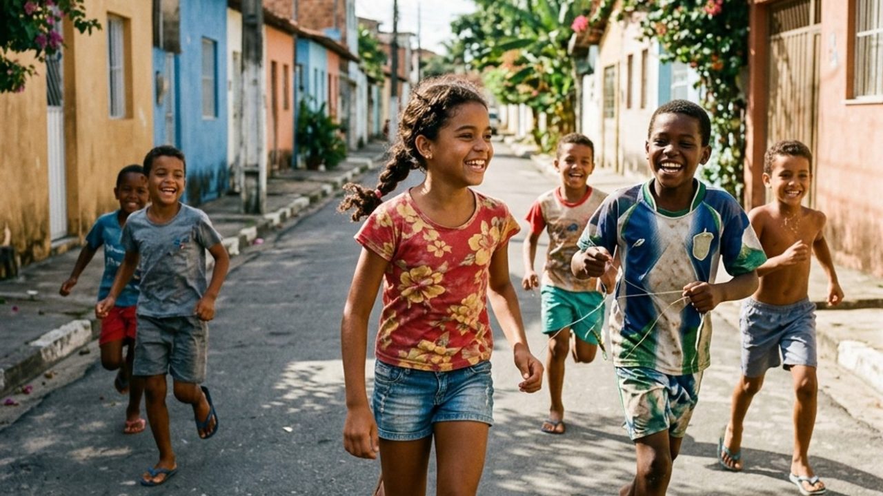 Crianças felizes correndo e aproveitando a liberdade de brincar na rua em um dia ensolarado.