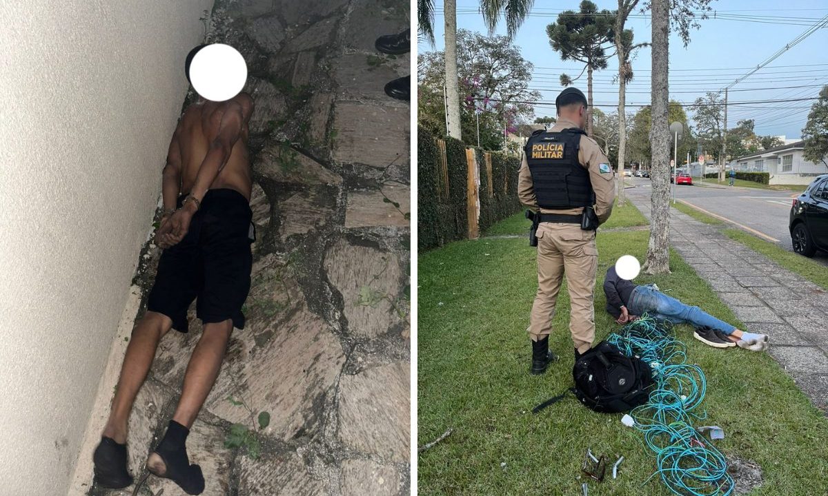 À esquerda, um dos suspeitos, um homem moreno, deitado no chão, de bruços e algemado. À direita, o outro suspeito, branco, também deitado de bruços e algemando, sobre uma grama. Ao lado dele tem um agente da Polícia Militar e alguns fios de cobre.