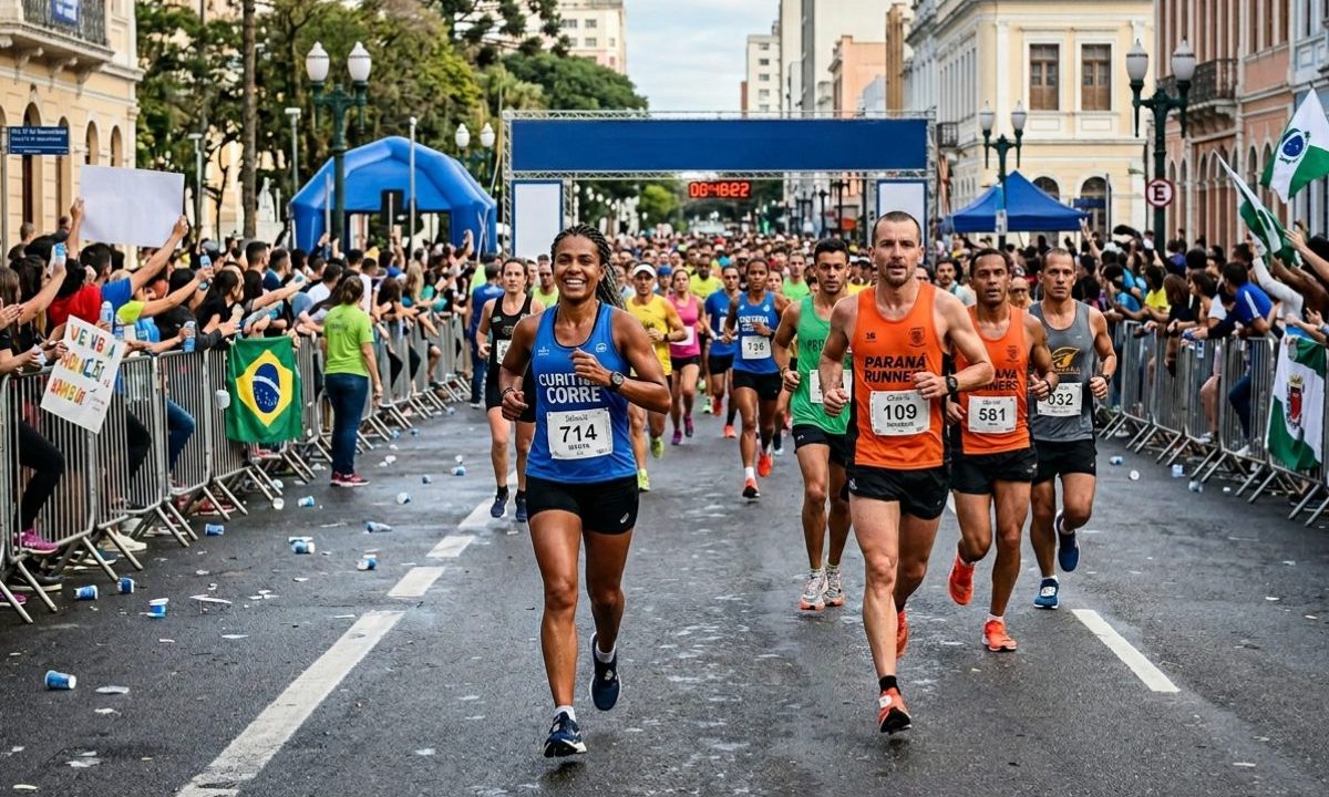 tletas profissionais e amadores adotando cuidados na corrida de rua durante prova em Curitiba, Paraná, avançando pelo asfalto