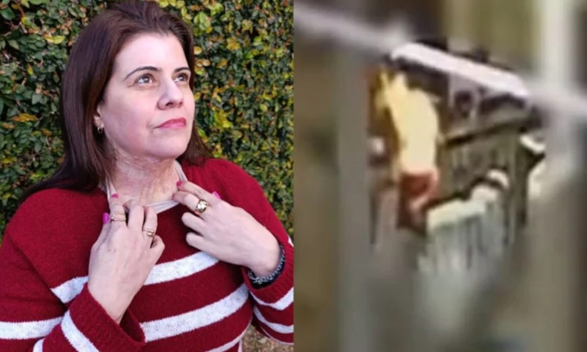 Colagem mostra, à esquerda, Thais Lacerda exibindo marcas permanentes após a tentativa de feminicídio em Maringá. À direita, câmera de segurança registra o momento em que o homem ateou fogo na ex.