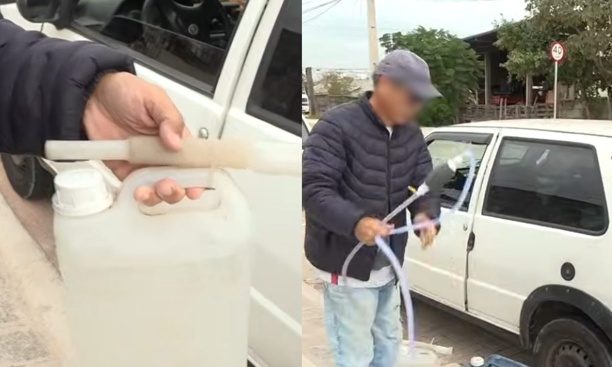 Entregador mostra galão e mangueira usados em teste após bomba registrar mais de 62 litros abastecidos em um Fiat Uno e denuncia cobrança irregular em posto em Curitiba.