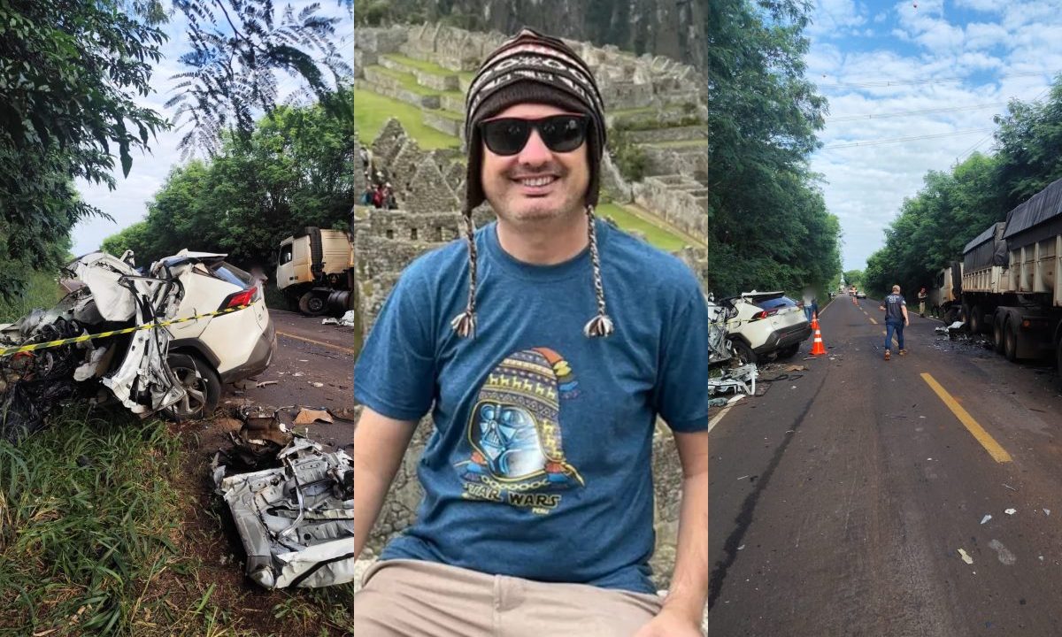Colagem de três imagens mostra carro destruído após batida frontal com carreta na PR-495. Veículo branco está destruído às margens da rodovia, e carreta está do outro lado da pista. Foto do empresário que morreu na hora está entre as duas do acidentes, que estão nas extremidades. A dele está no meio.