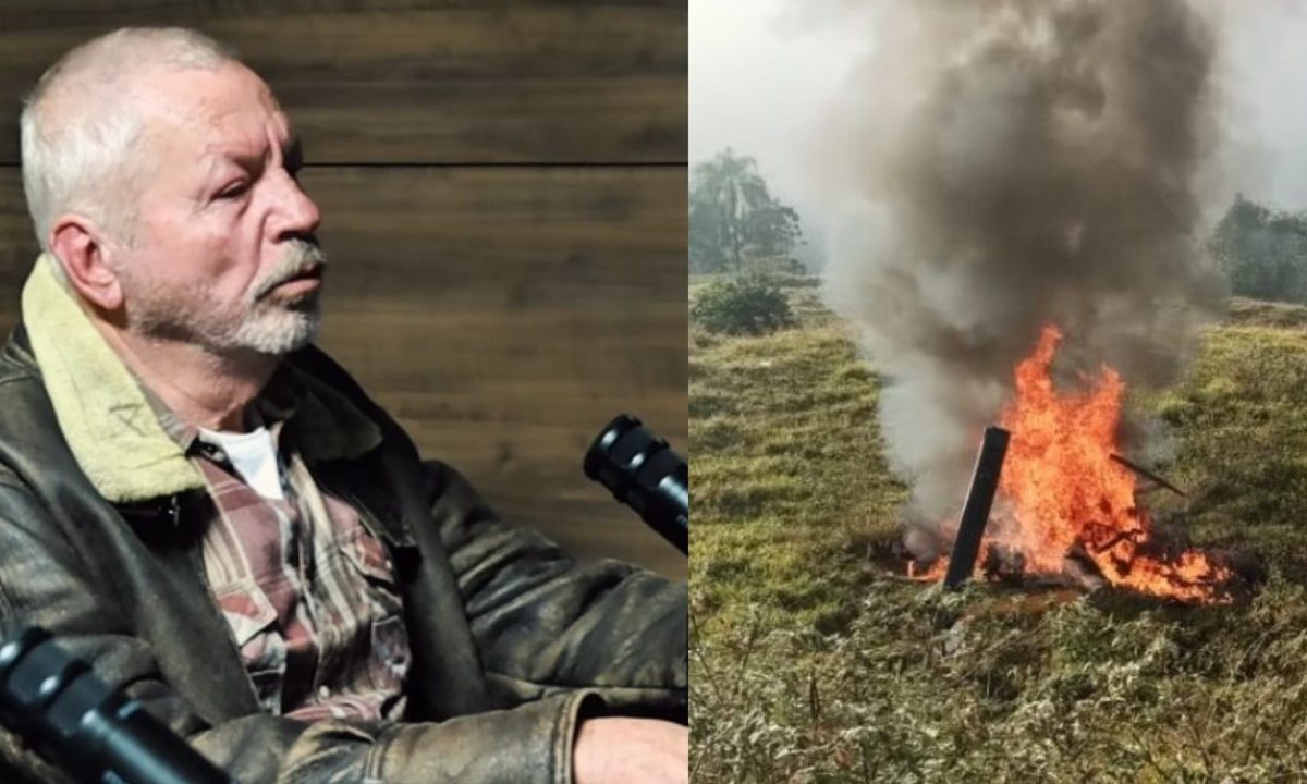 Colagem de duas fotos mostra, à esquerda, o empresário e piloto Hans Ulrich Frank durante entrevista a um podcast. Ele está de perfil, sentado em uma cadeira. O idoso tem cabelos grisalho e barba também. À direita, está a foto do helicóptero dele envolvido na queda. Empresário morreu.=
