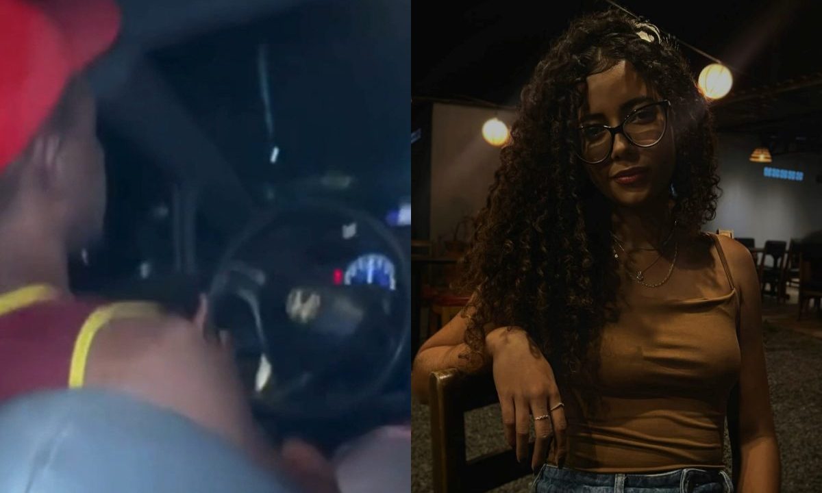 Colagem de duas fotos mostra, à direita, Kimmberlly Gisele Pereira Rodrigues posando para foto enquanto está sentada em uma cadeira em um ambiente escuro, como se fosse um bar. Ela usa óculos de grau, tem cabeço cacheado e veste regata marrom. Jovem morreu segundos depois de implorar para motorista parar o carro. À esquerda, está o motorista do carro dirigindo em alta velocidade. A jovem está no banco traseiro.