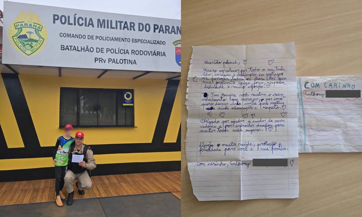 Foto mostra fã mirim da polícia na delegacia e carta