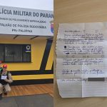 Foto mostra fã mirim da polícia na delegacia e carta