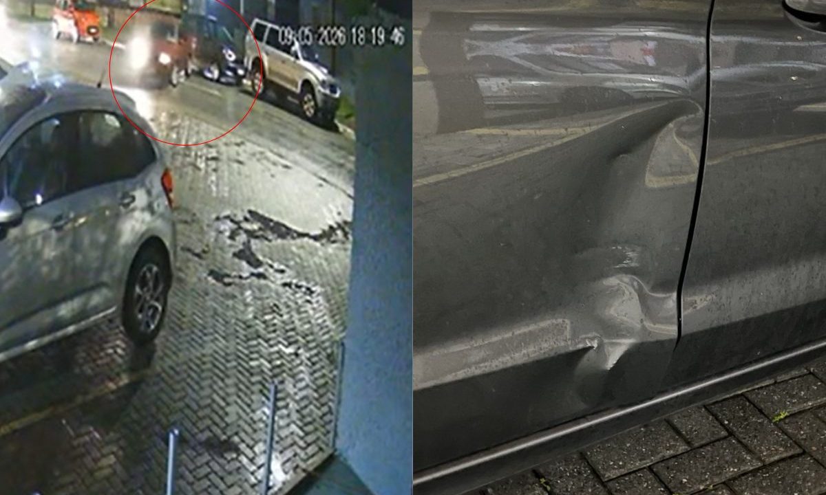 Foto montagem mostra o momento da batida do carro e o carro já amassado. Família de Pinhais pede ajuda para encontrar responsável pela colisão.