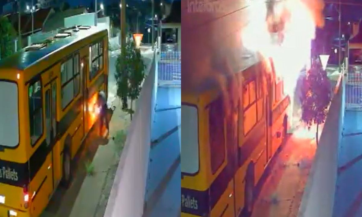 Foto montagem mostra os suspeitos colocando fogo em um ônibus. Segunda foto mostra o veículo em chamas. Um vídeo mostra toda a ação criminosa. O ônibus é amarelo.