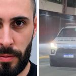 Colagem de duas imagens mostra, à esquerda, o rosto de Felipe Schmitz de Souza, homem que era foragido da Justiça do Paraná e morreu em confronto com a PM de Santa Catarina. À direita, imagem mostra viatura da PM