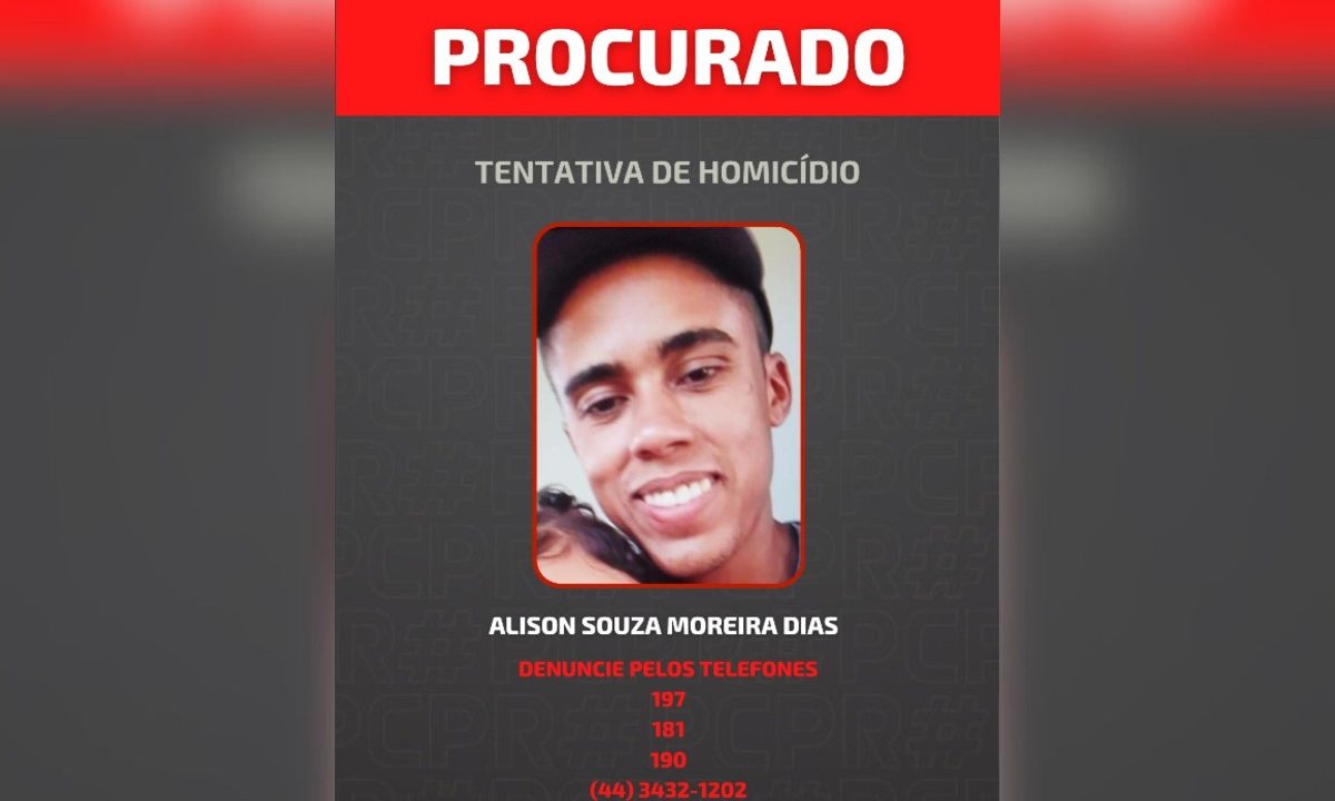 Cartaz de foragido com a foto de Alison Souza Moreira Dias, homem procurado pela polícia suspeito de tentar matar o irmão em Nova Londrina.