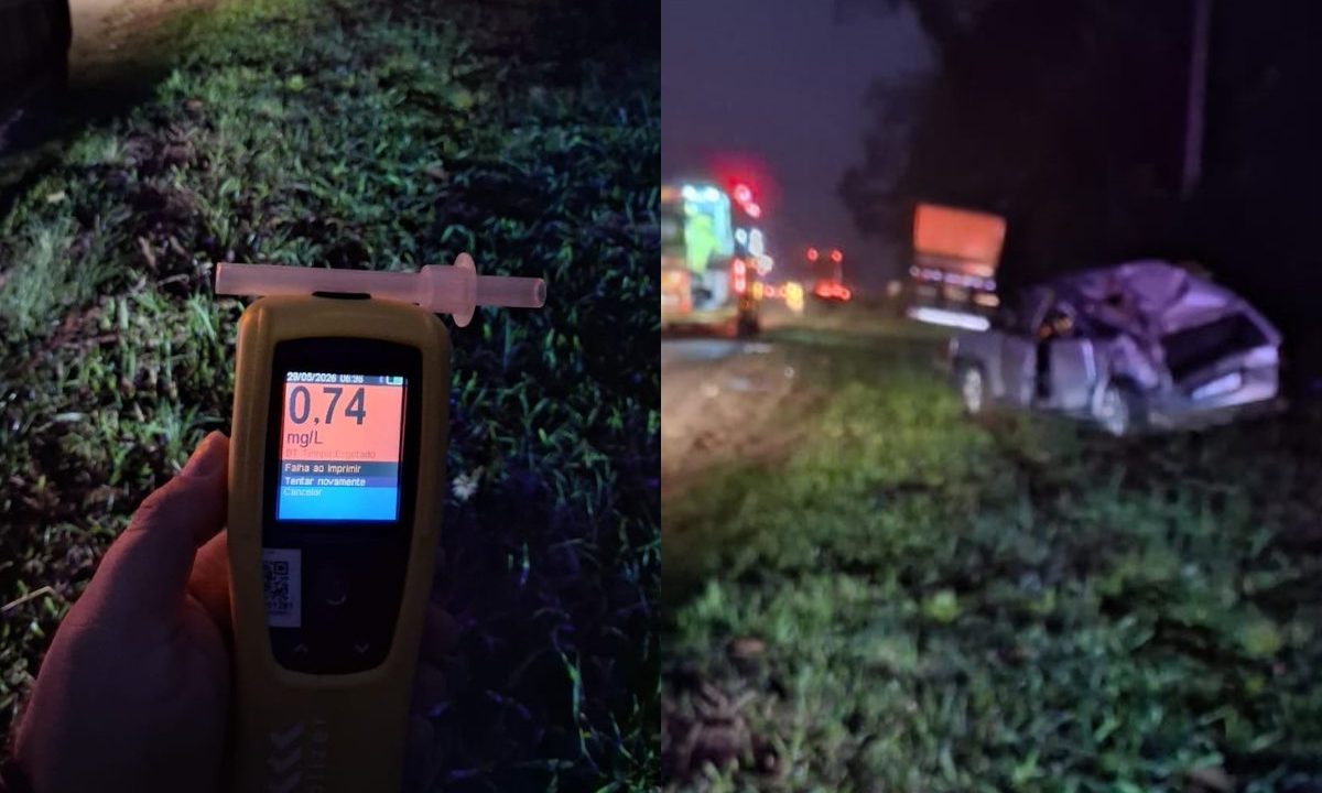 colagem de fotos do acidente causado pelo idoso embriagado ao bater em caminhão na BR-376