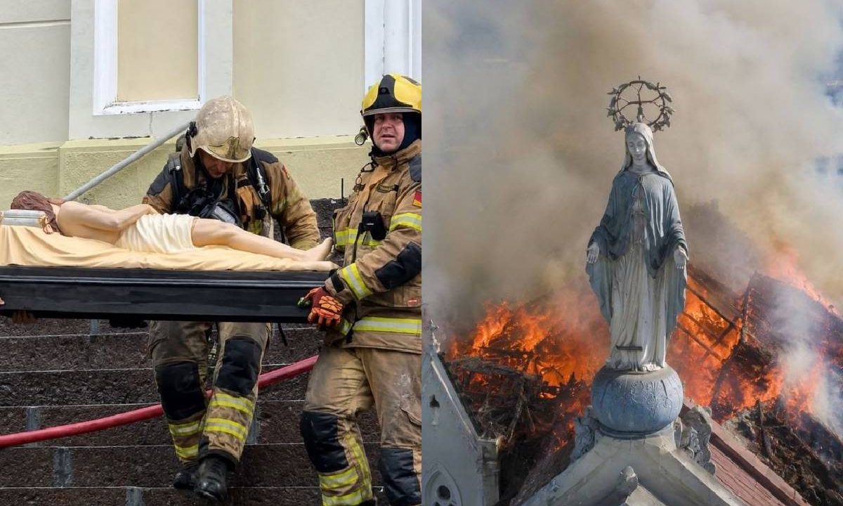 Foto mostra imagem de Jesus Cristo sendo retirada de incêndio
