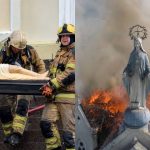 Foto mostra imagem de Jesus Cristo sendo retirada de incêndio