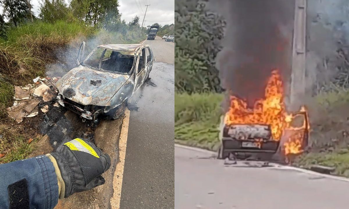 Carro destruído após incêndio na Estrada do Canelão, em Itaperuçu, na Região Metropolitana de Curitiba. Em uma das imagens, o veículo aparece completamente queimado após o combate às chamas. Na outra, o automóvel é registrado em chamas às margens da via.