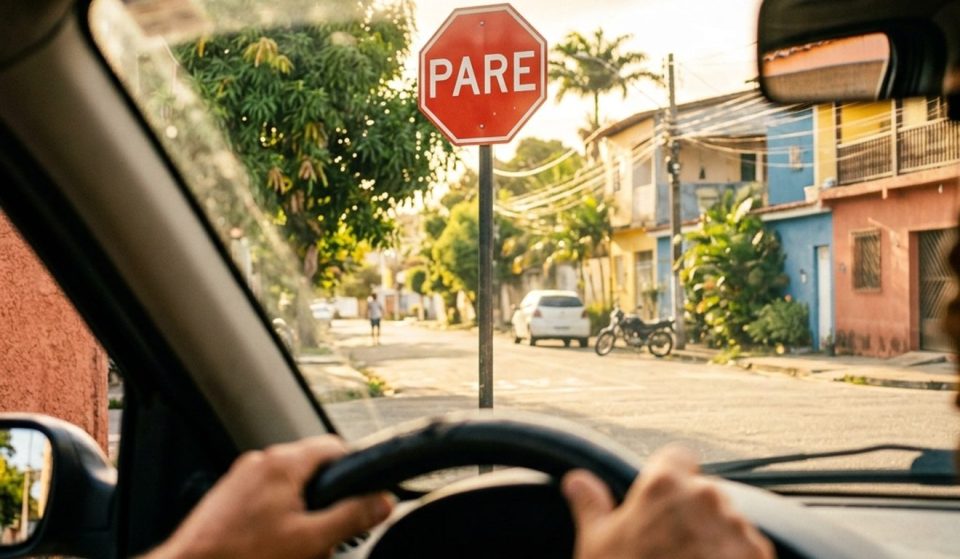 motorista brasileiro dirige em direção a placa de parada obrigatória em via urbana representando infrações de trânsito comuns