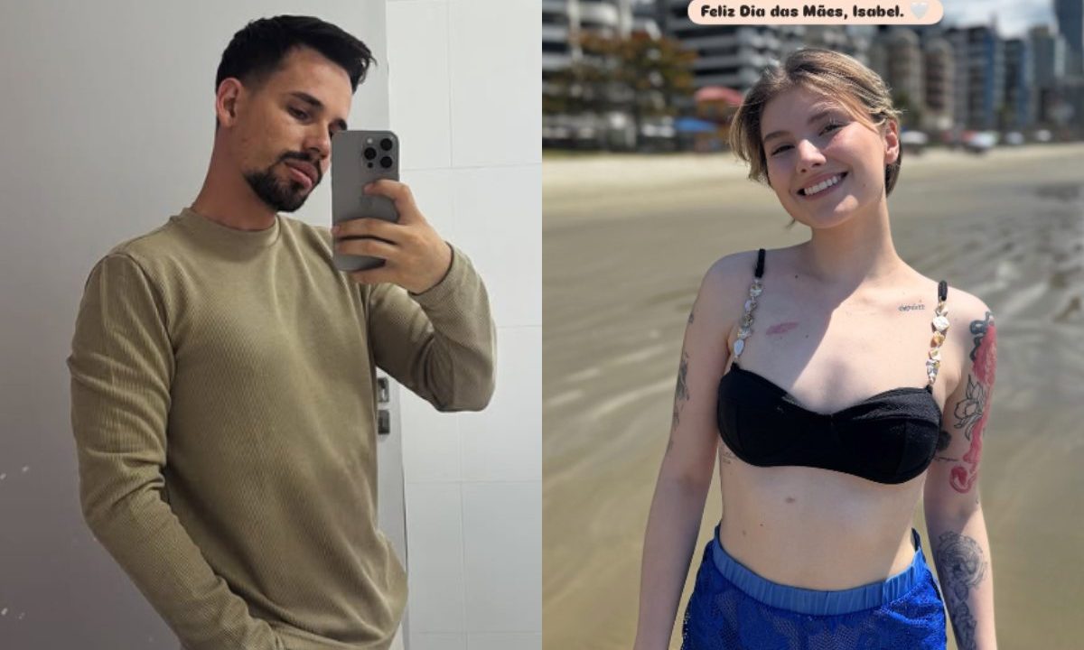 Foto de Lucas Borbas ao lado de Isabel Veloso na praia