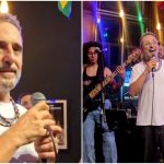 Colagem de fotos do cantor Jorge Drexler em bar no Largo da Ordem, em Curitiba.