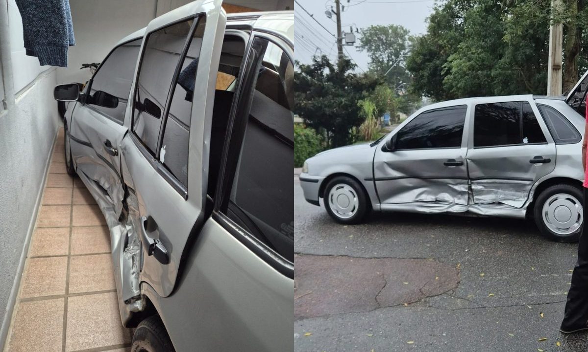 Foto montagem da notícia de jovem que sofreu acidente no Boqueirão. Primeira foto mostra a lateral do veículo estacionado. Segunda foto mostra o veículo no momento do acidente. É um gol.