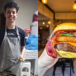 Jovem de Curitiba que fatura R$ 1 milhão no começo da carreira com hamburguer atual ao lado em montagem