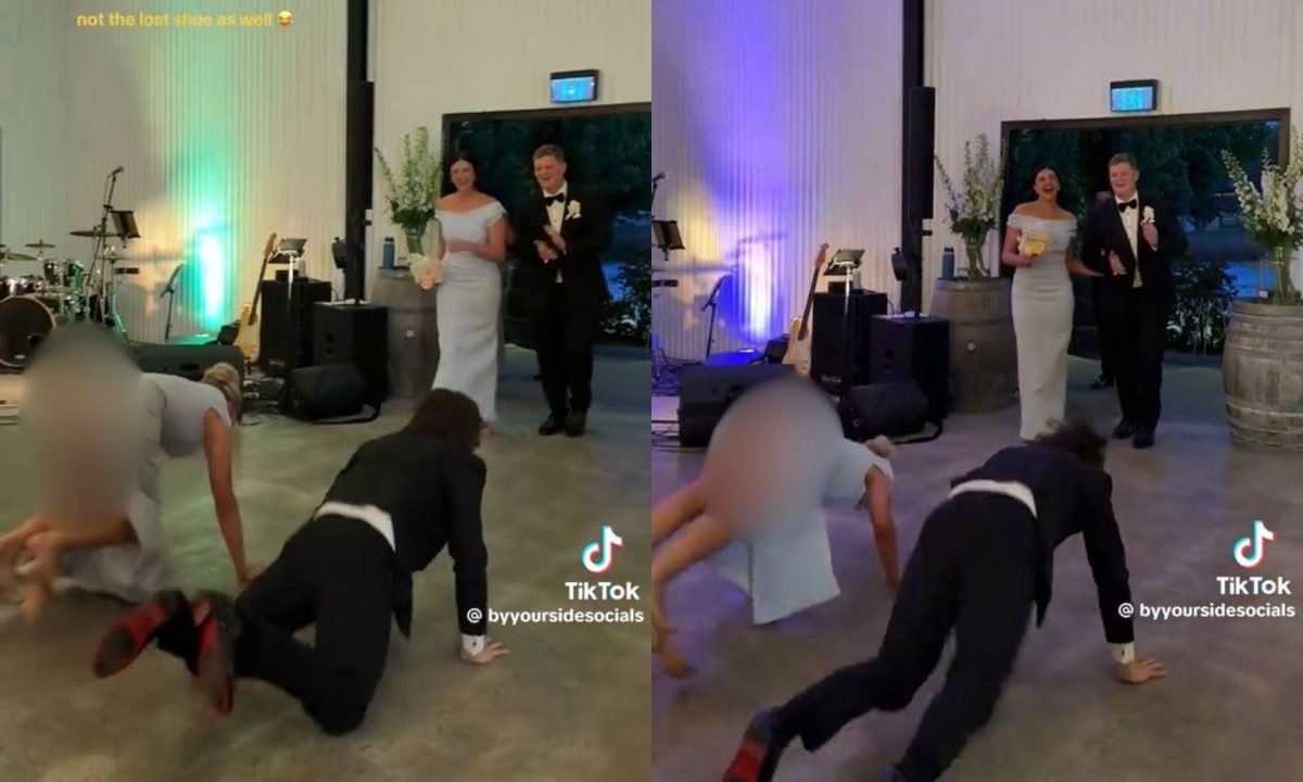 Trechos do vídeo que viralizou após vestido de madrinha rasgar durante dança em casamento da amiga.